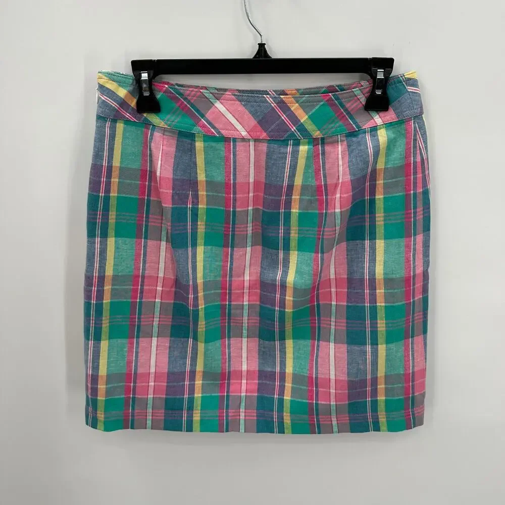Talbots Madras Pastel Plaid Linen Cotton Blend Skirt // 2